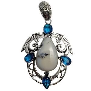 Dendritic Agate Sterling Silver Pendant Necklace with Blue Faceted Stones